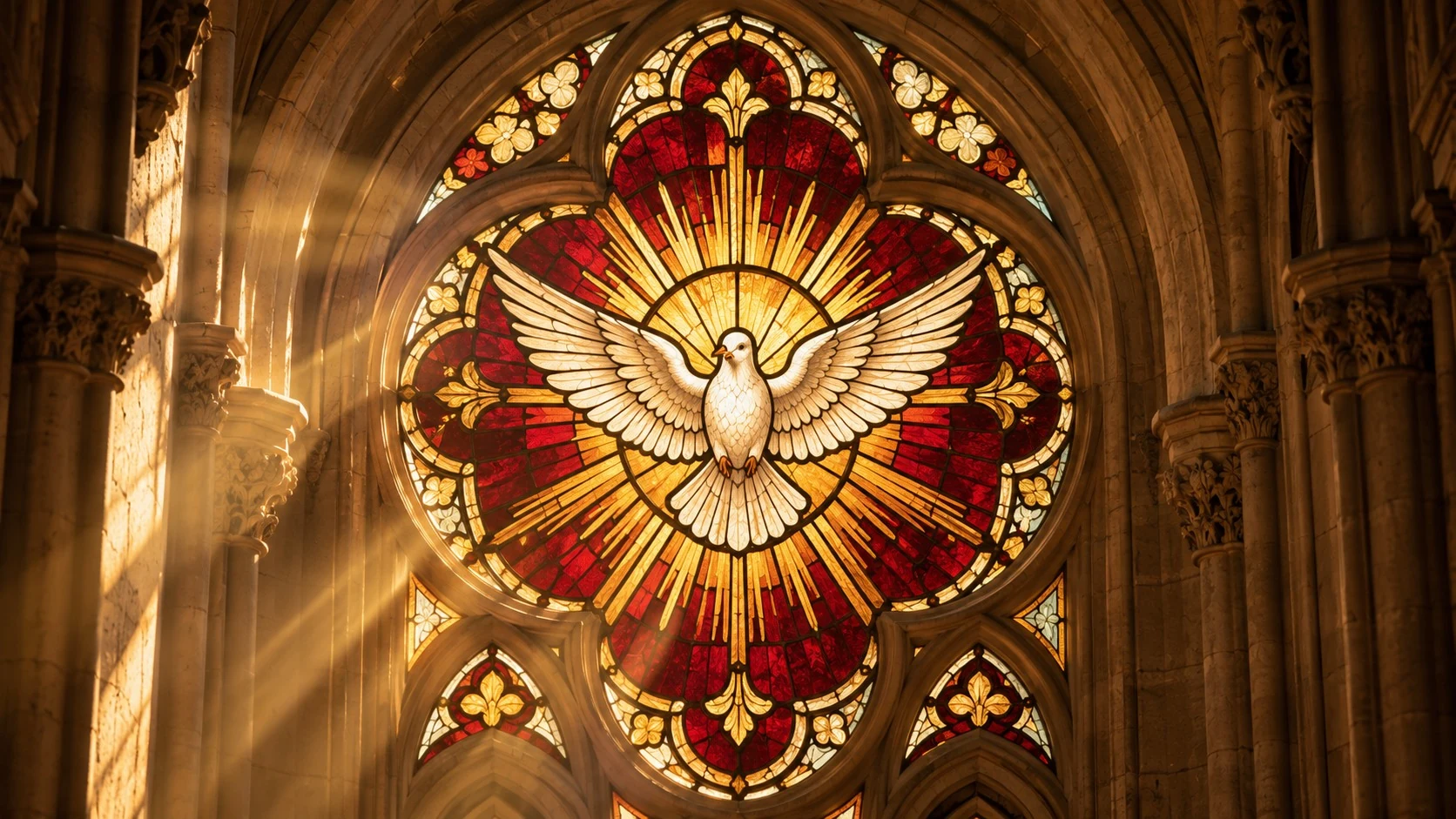 Vitral artístico católico com a pomba do Espírito Santo, raios dourados e vidros vermelhos iluminados pelo sol